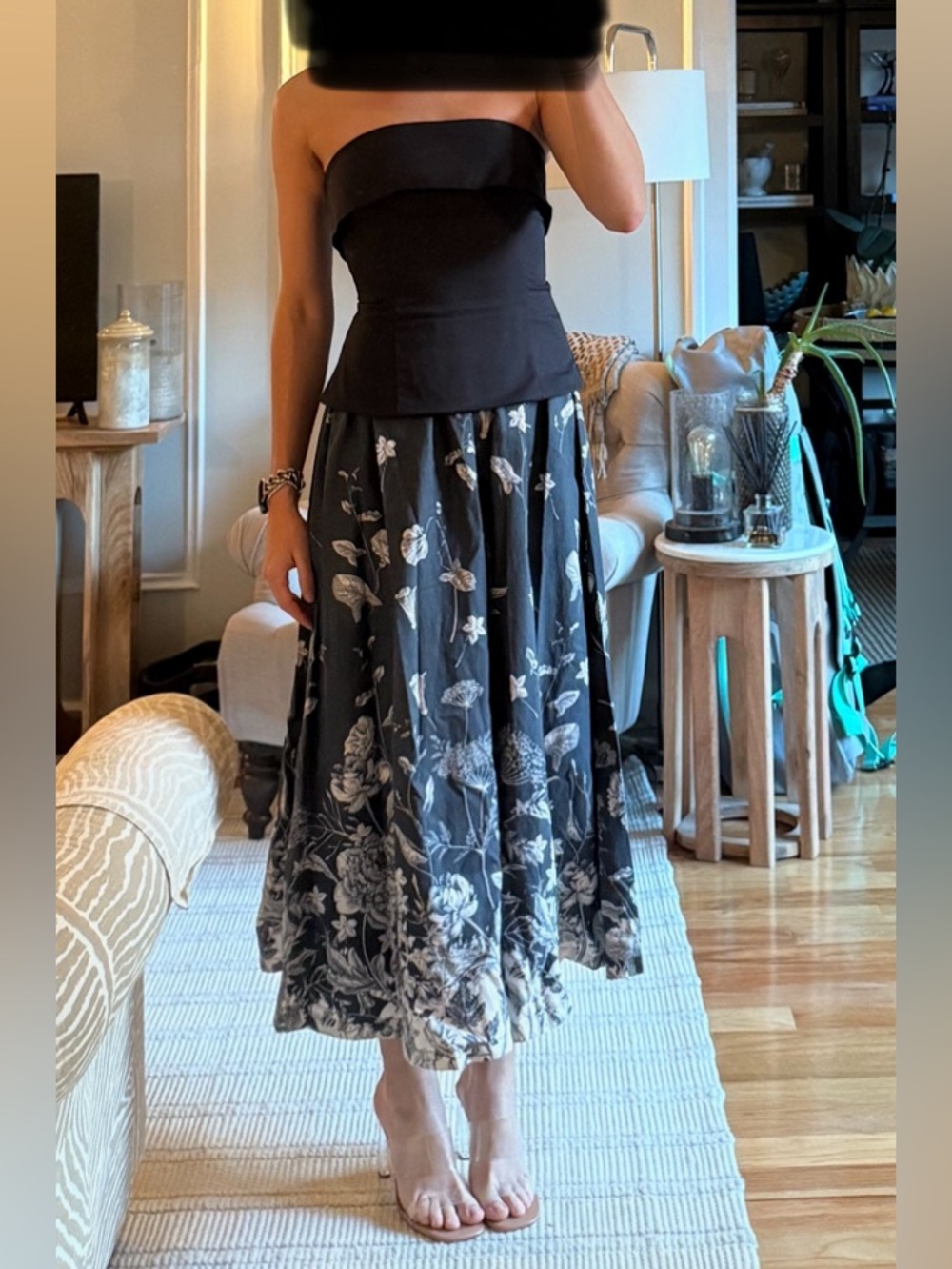 En Saison Sydney Mixed Media Strapless Maxi Dress in Navy and Black